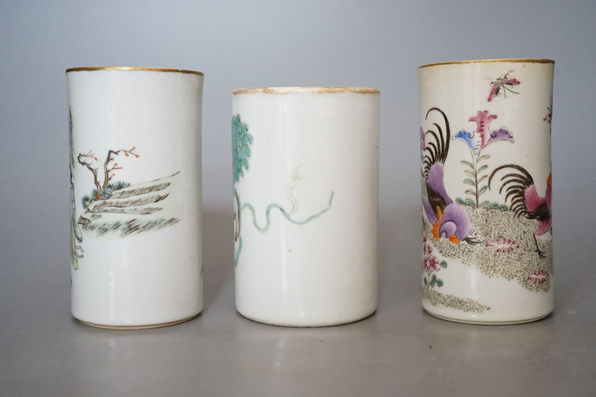 Three Chinese famille rose brush pots, 12cm